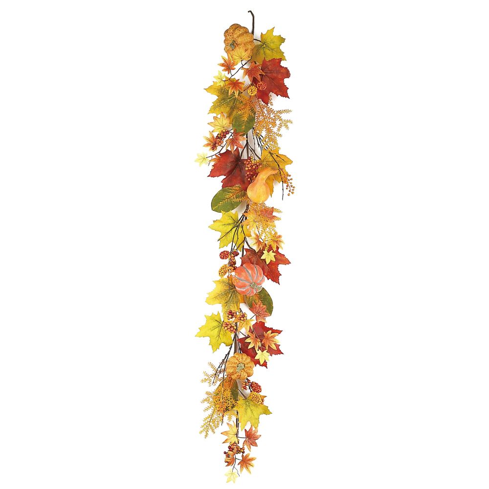 GIRNALDA DE HOJAS OTOÑALES Y CALABAZAS EN TONOS BORGOÑA CON AMARILLO 152 CM
