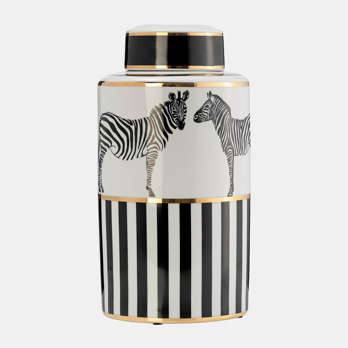 JARRON DE CERAMICA BLANCO,NEGRO Y DORADO ESTAMPADO CEBRA MED:30 CM