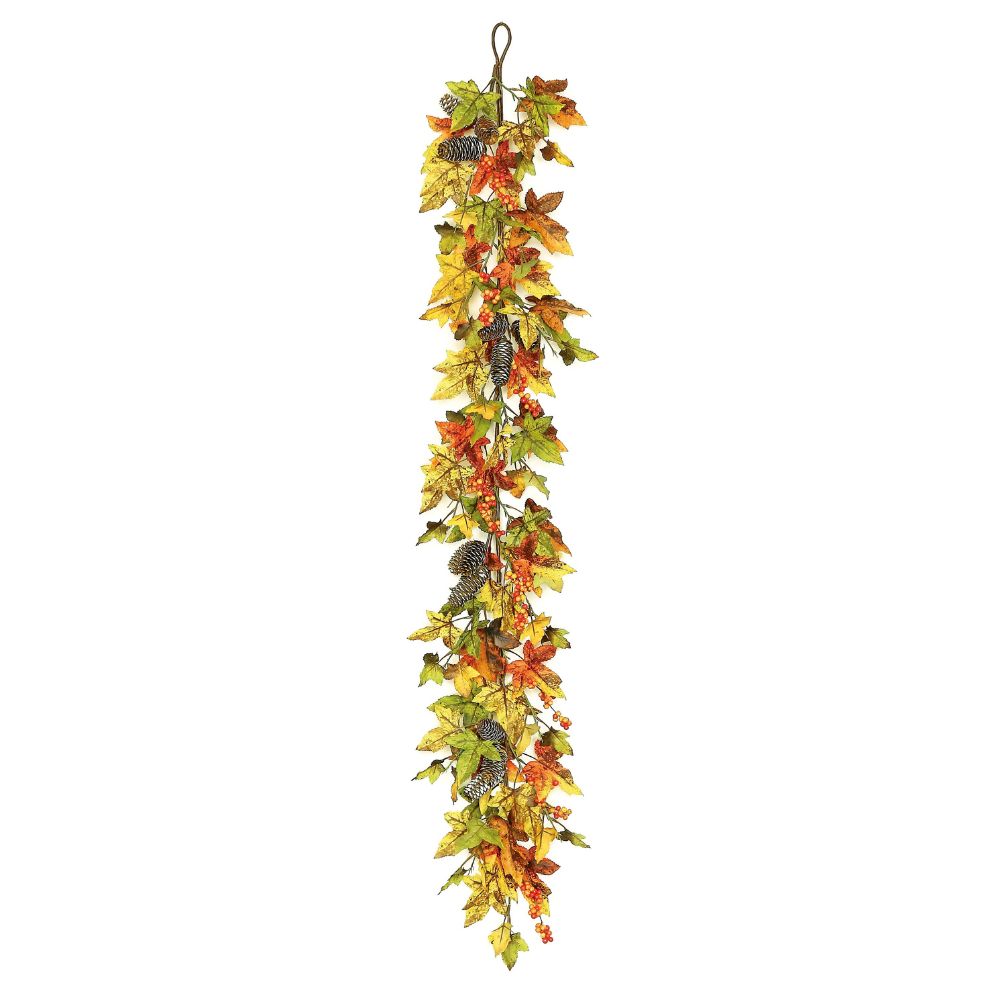 GIRNALDA DE HOJAS OTOÑALES MIX EN TONOS NARANJAS, VERDES Y PIÑAS DE PINO 152 CM