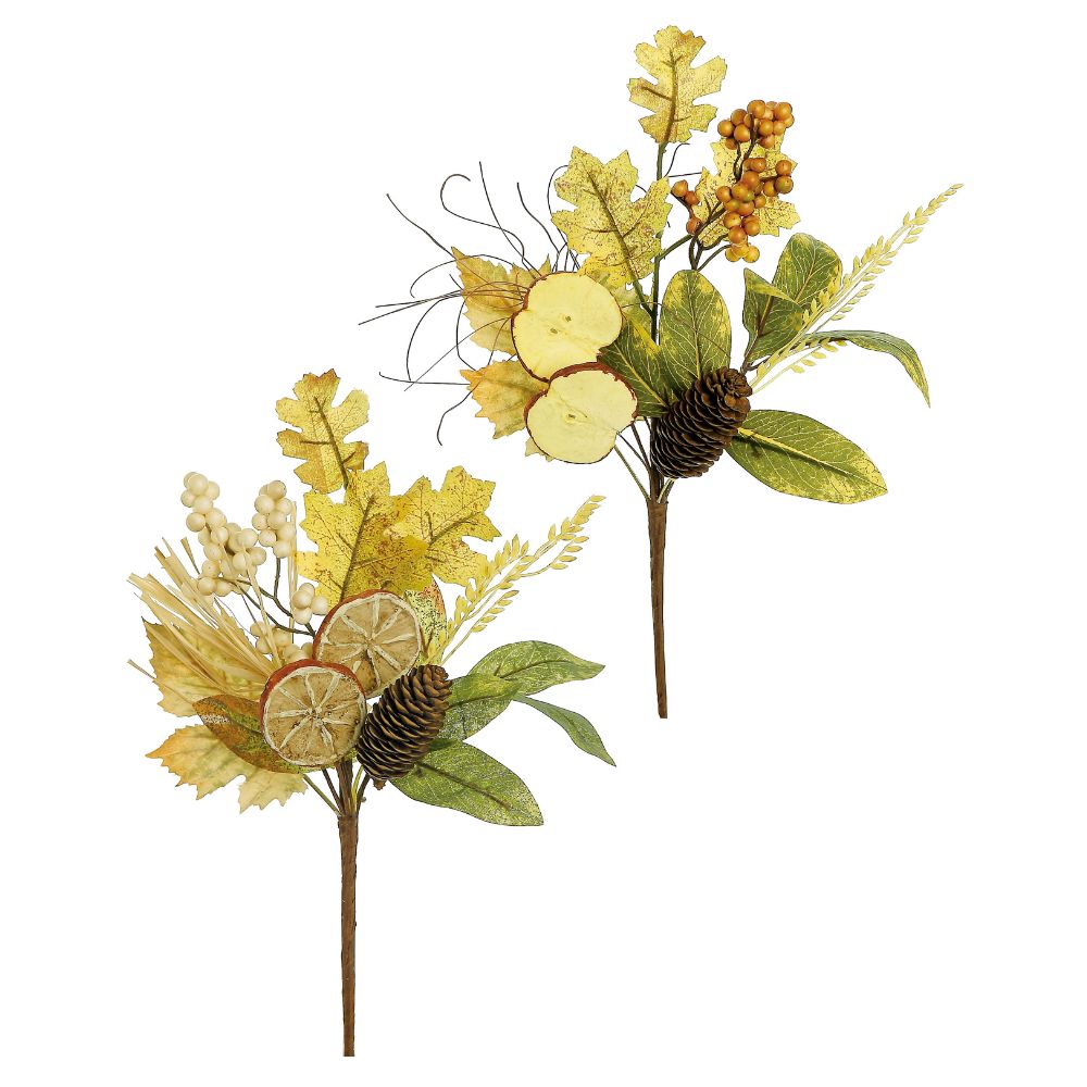 SET DE 2 TALLOS DECORATIVOS MIX OTOÑAL EN TONOS VERDES CALIDOS CON FRUTAS 38 CM Y PIÑA DE PINO