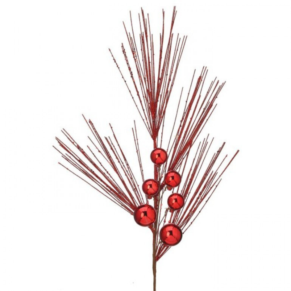 TALLO DECORATIVO CON CHISPAS Y ESFERAS EN ROJO BRILLANTE MED:66 CM