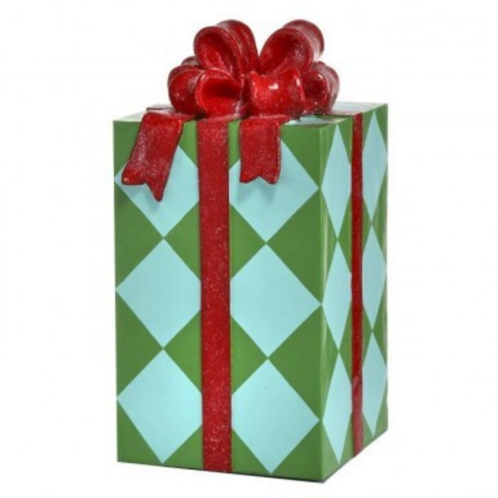 REGALO DECORATIVO CON ROMBOS Y MOÑO ROJO BRILLANTE