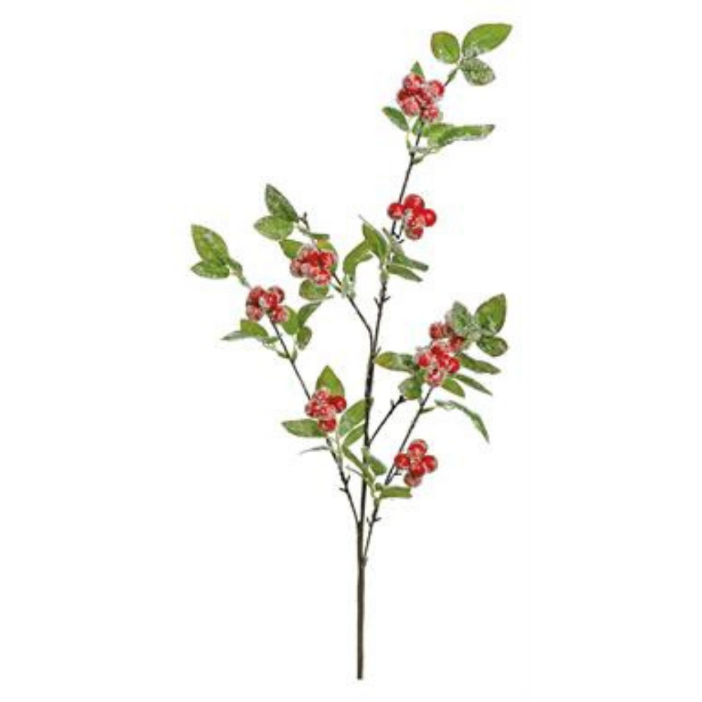 RAMA CON CHERRY EN ROJO EFECTO NEVADO Y HOJA NATURAL EN VERDE MED:80 CM