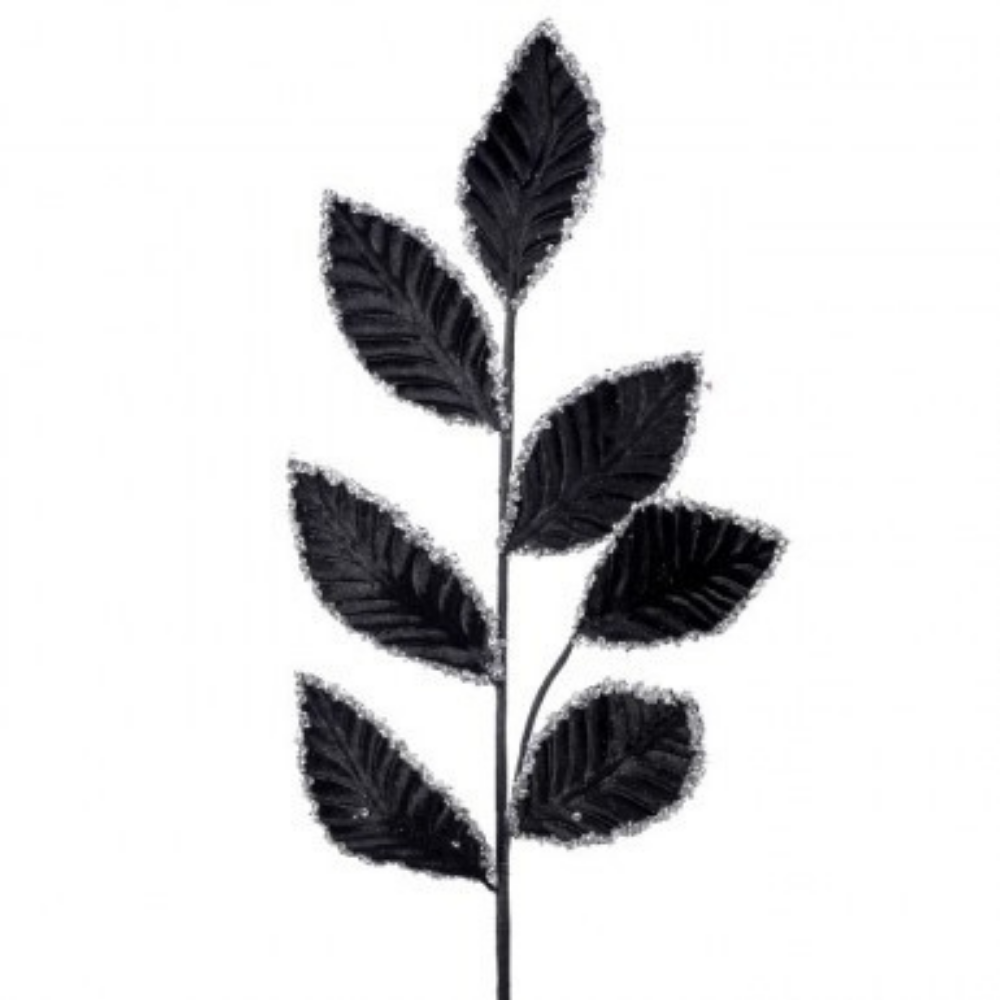 RAMA DE HOJAS DE MAGNOLIA TONO NEGRO CON ORILLA PLATA DE LENTEJUELAS 66 CM