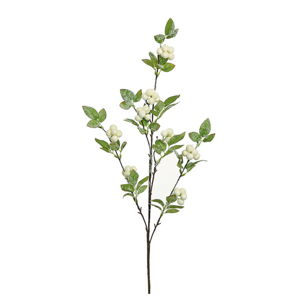 TALLO DECORATIVO CON ESFERAS EN BLANCO Y HOJA NATURAL VERDE