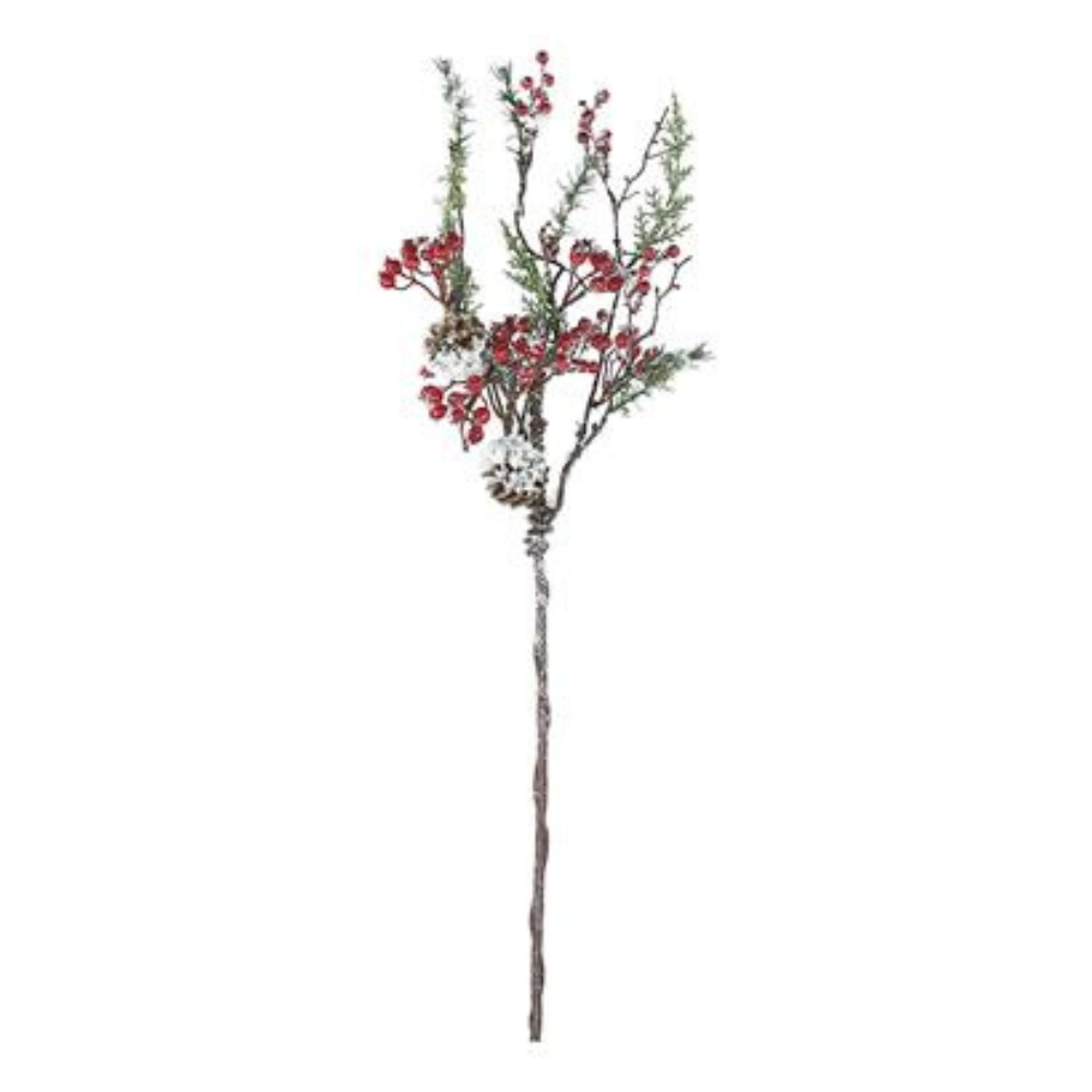 RAMA DE PINO NEVADO CON BERRY ROJAS Y PIÑAS ESCARCHADO 102 CM