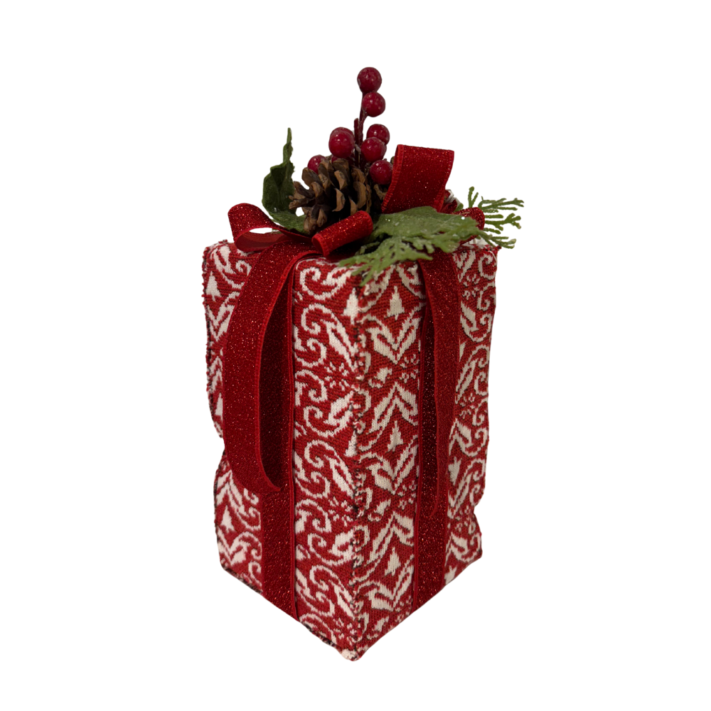 REGALO DECORATIVO CON ESTAMPADO CON MOÑO Y PIÑAS MED:19 CM