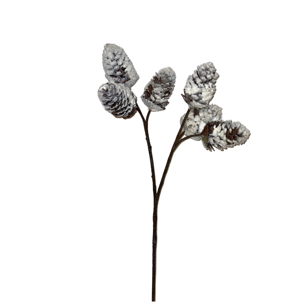 TALLO DECORATIVO CON 6 PIÑAS DE PINO EFECTO NEVADO MED: 80CM