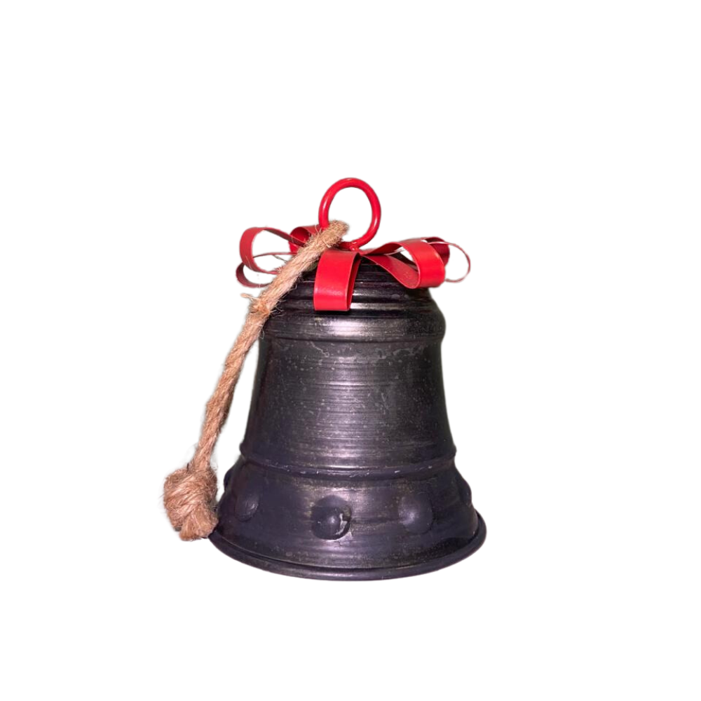 CAMPANA DE METAL TONO OSCURO CON MOÑO ROJO MED:20 CM