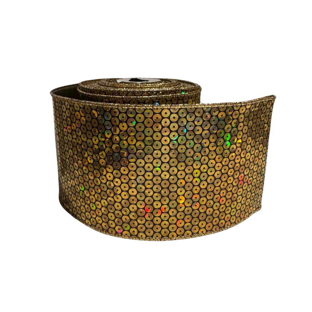 LISTÓN DECORATIVO DE LENTEJUELA DORADA MED:10 CM X 9 MTS