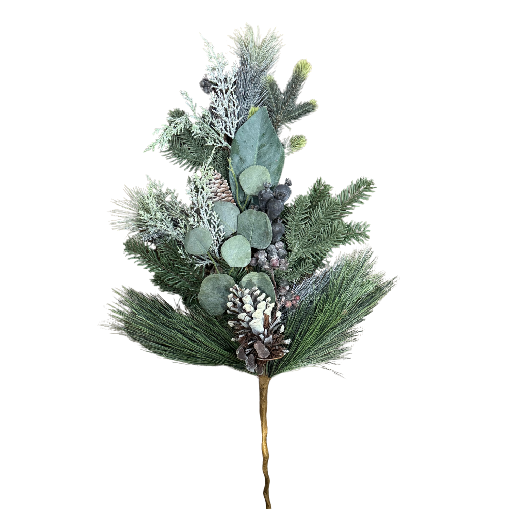 TALLO DECORATIVO CON MIX DE. HOJAS Y PIÑAS EN TONOS VERDE MED: 80CM