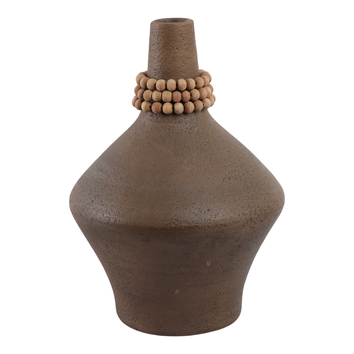 JARRON DECORATIVO DE TERRACOTA MARRON CON CUENTAS DE MADERA MED:35 CM