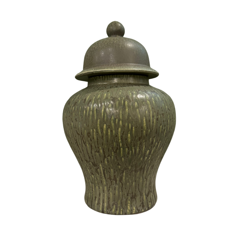 JARRON DECORATIVO DE CERAMICA CON TAPA EN TONO VERDE CLARO MED:35 CM