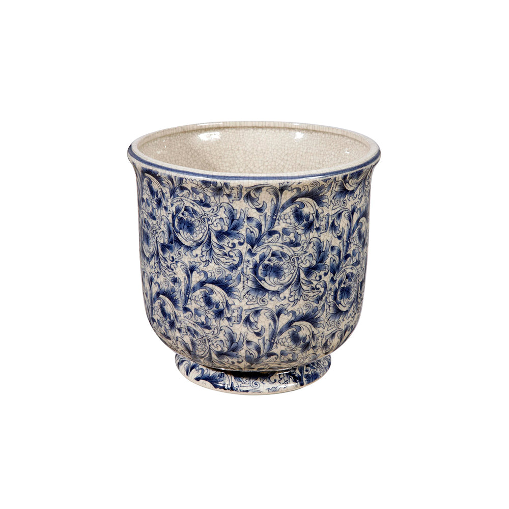 MACETA CON ESTAMPADO FLORAL AZUL/BCO DE CERAMICA 20 CM