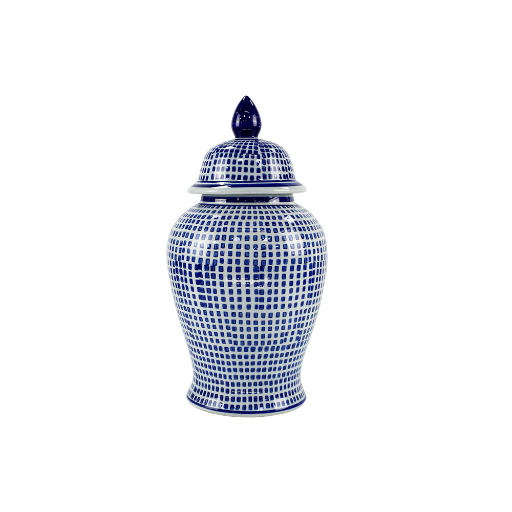 JARRON DECORATIVO AZUL/BLANCO ESTAMPADO CUADROS 48 CM